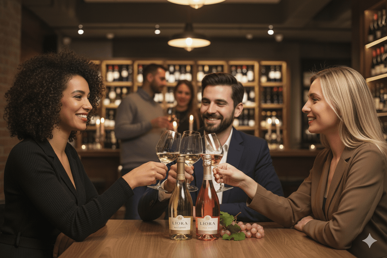 Three friends enjoying Liora wine in a stylish bar